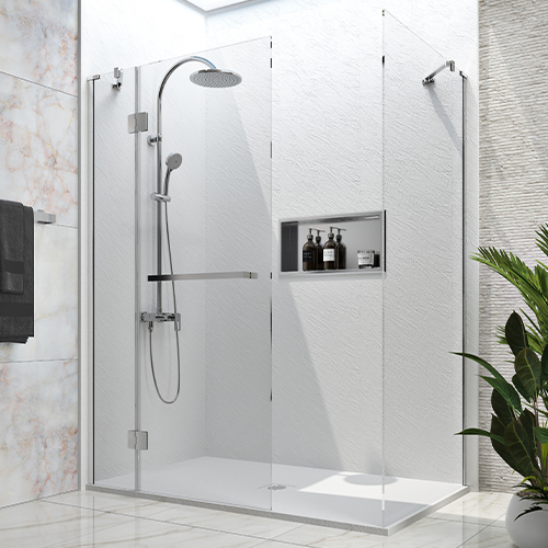 Vetra glass screen and return panel with white Slate shower base and wall