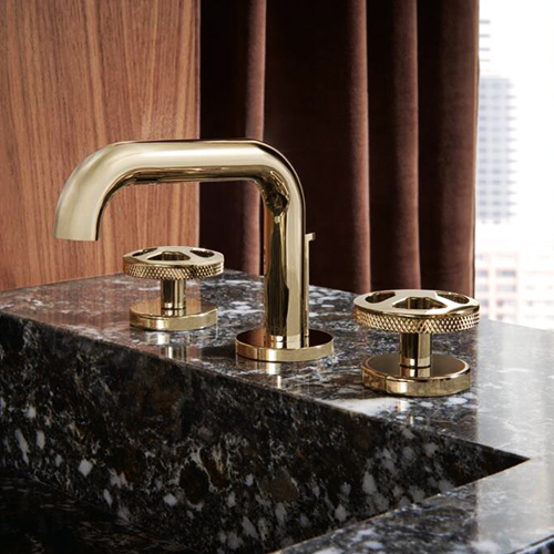 Sink faucet in the collection Litze® de BrizoMD with handles in the shape of a wheel, Brilliance® Luxe Gold