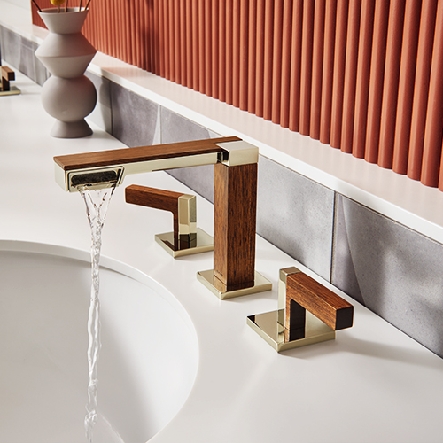 Sink faucet with drain on the side in the collection Frank Lloyd Wright® of Brizo® with lever handles, Brilliance® Luxe Nickel / Wood