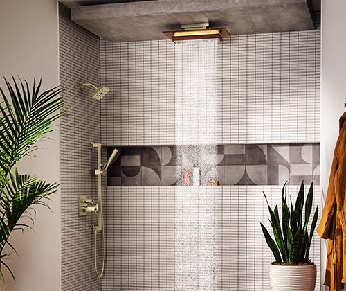 Shower system in the collection Frank Lloyd Wright® of BrizoMD and a raincan shower head with integrated lighting, Brilliance® Nickel Poli / Wood