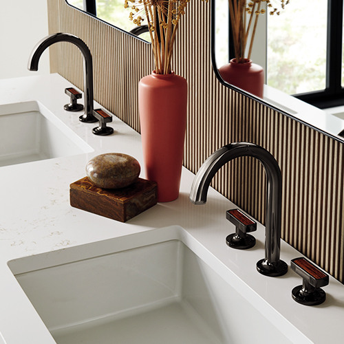 Sink faucet in the collection Kintsu™ of BrizoMD with handles made with wood, Onyx black Brilliance®