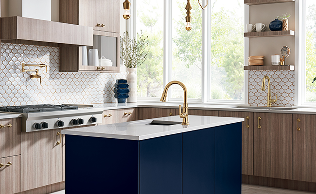 Complete kitchen with gold finish faucets from the Brizo® Rook® collection, undermount sink and gold finish pot filler from the Brizo® Rook® collection