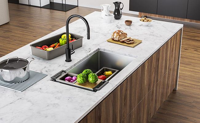 Modern style kitchen with a Cube Chef Center sink and these accessories with a Franke Cube faucet