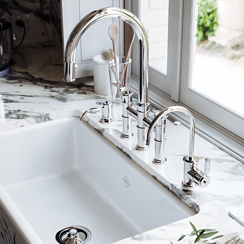 Armstrong™ Collection Deck Mount Kitchen Faucet in Chrome Finish by Perrin & Rowe, Armstrong™ Filtered Hot Water Dispenser Faucet in Chrome Finish by Perrin & Rowe and Armstrong™ Soap Dispenser in Chrome Finish by Perrin & Rowe