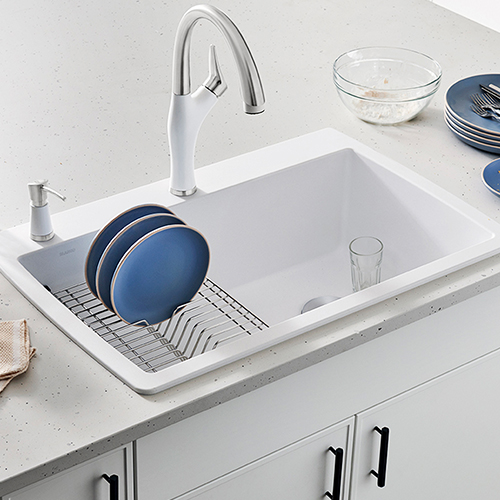 Silgranit Diamond single bowl sink, Artona kitchen faucet and Artona soap dispenser from Blanco