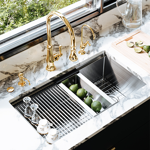 Kitchen sink from the Culinario collection by Rohl® in stainless steel and its kitchen accessories
