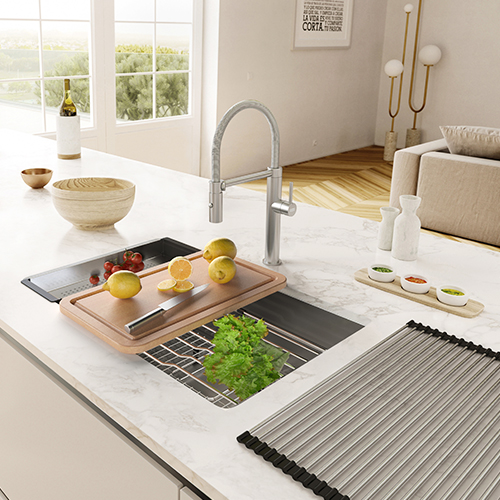 Kitchen sink from the Franke Pescara collection in stainless steel and its kitchen accessories