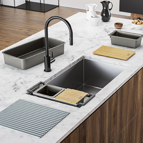 Cube single bowl stainless steel sink with accessories from Franke