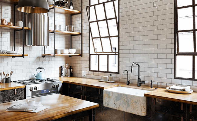 Cuisine complète comprenant un robinet, distributeur de savon, distributeur d’eau chaude ainsi que d’un robinet remplisseur de marmites au fini noir mat et évier de style farmhouse de Shaw
