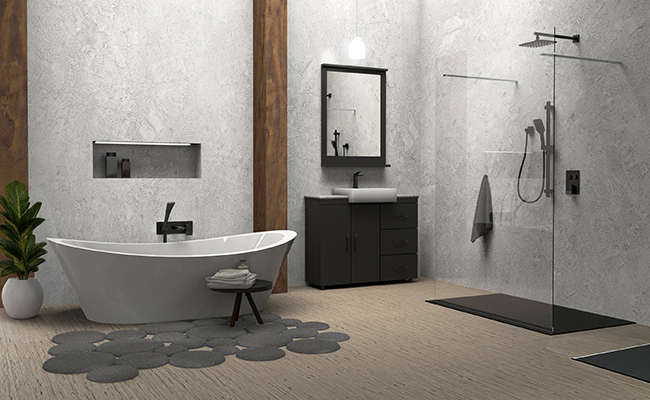 Complete bathroom including one wall-mounted bathtub faucet, one sink faucet and a shower faucet set from the Volta collection in a matte black finish