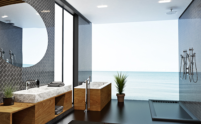 Complete bathroom including one freestanding bathtub faucet, one sink faucet and a shower faucet set from the Nobua collection in a chrome finish