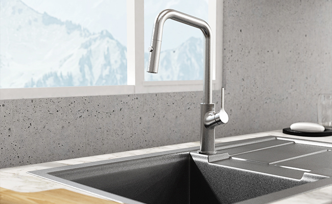 Kitchen faucet from the Nobua collection in a stainless steel finish