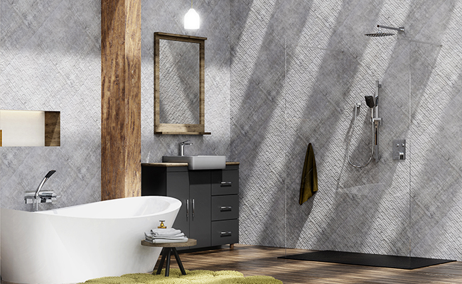 Salle de bain complète comprenant 1 robinet de baignoire installation murale, 1 robinet de lavabo ainsi qu’un ensemble de robinetterie de douche de la collection Volta au fini chrome