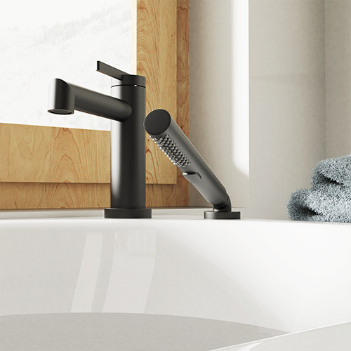 Bathtub faucet from the Solara collection in a matte black finish.