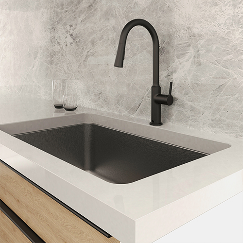 Kitchen faucet from the Solara collection in a black morning finish.