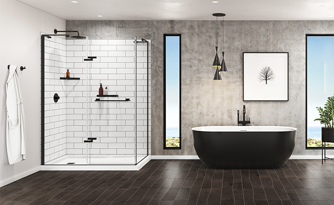 Tosca bathtub in matte black finish with Capella shower door in matte black finish and Utile Metro Tux shower wall by MAAX