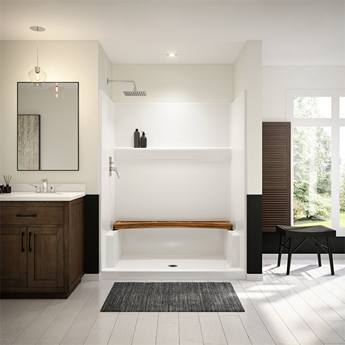 60" x 34" white one-piece shower with center drain from the MAAX Icon collection