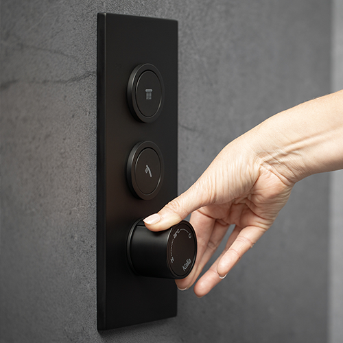 Black temperature control valve in the shower.