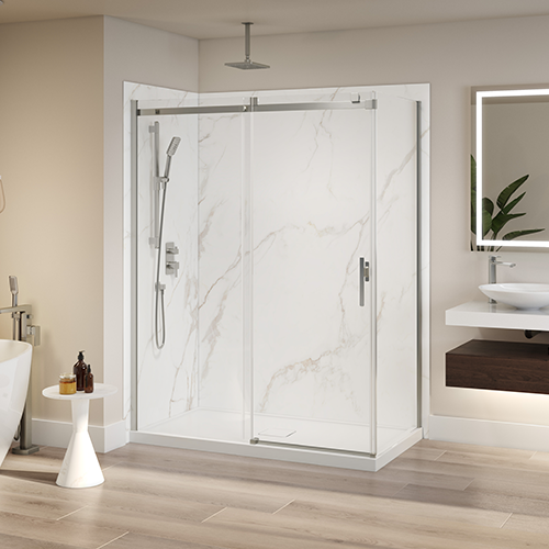 A shower space with chrome Kalia faucets.