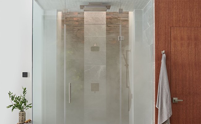 Steam shower with chrome fixtures