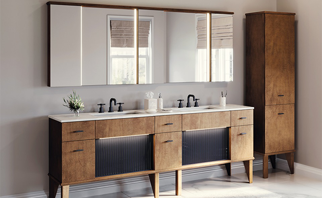 A double vanity with a linen cabinet