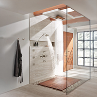Walk-in shower with rain showerhead and fixtures