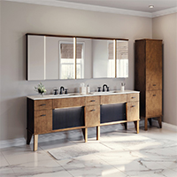 A double vanity with a linen cabinet