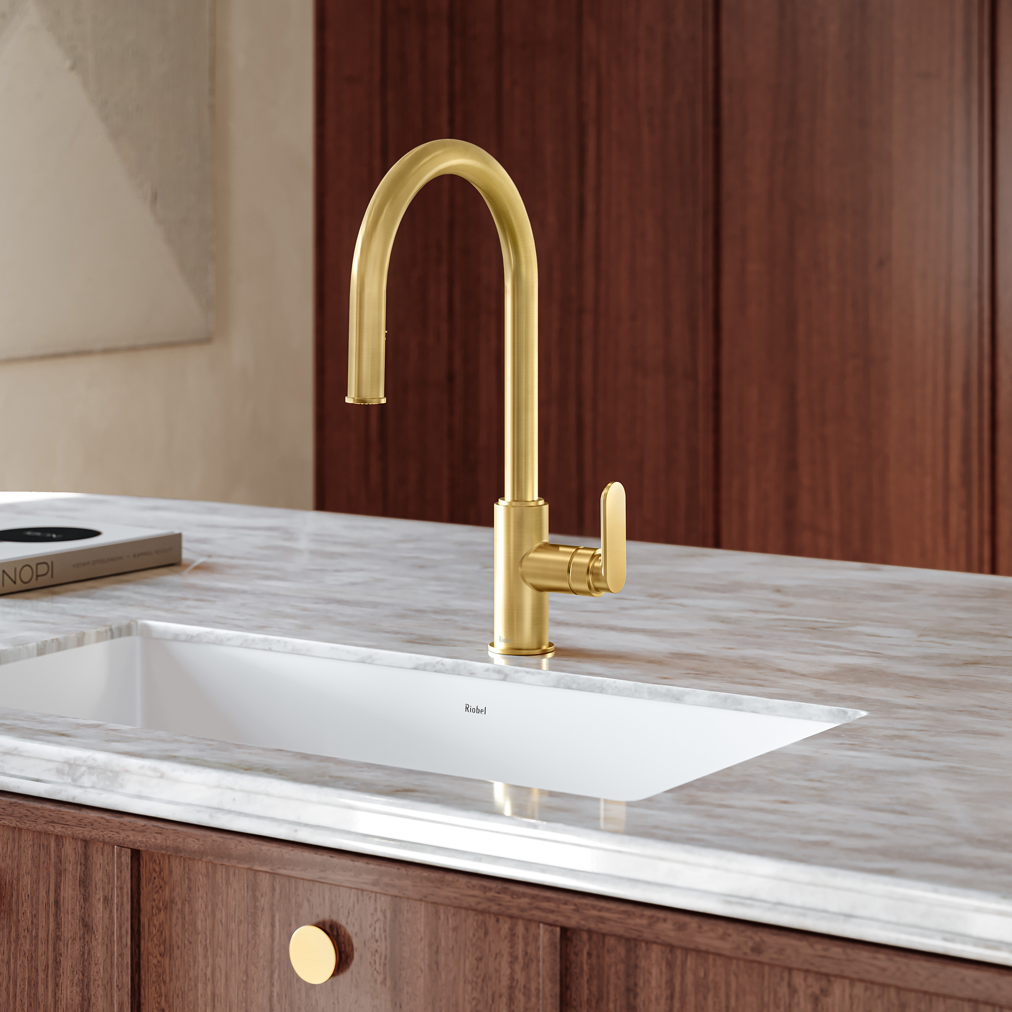 Gold faucet and white kitchen sink.