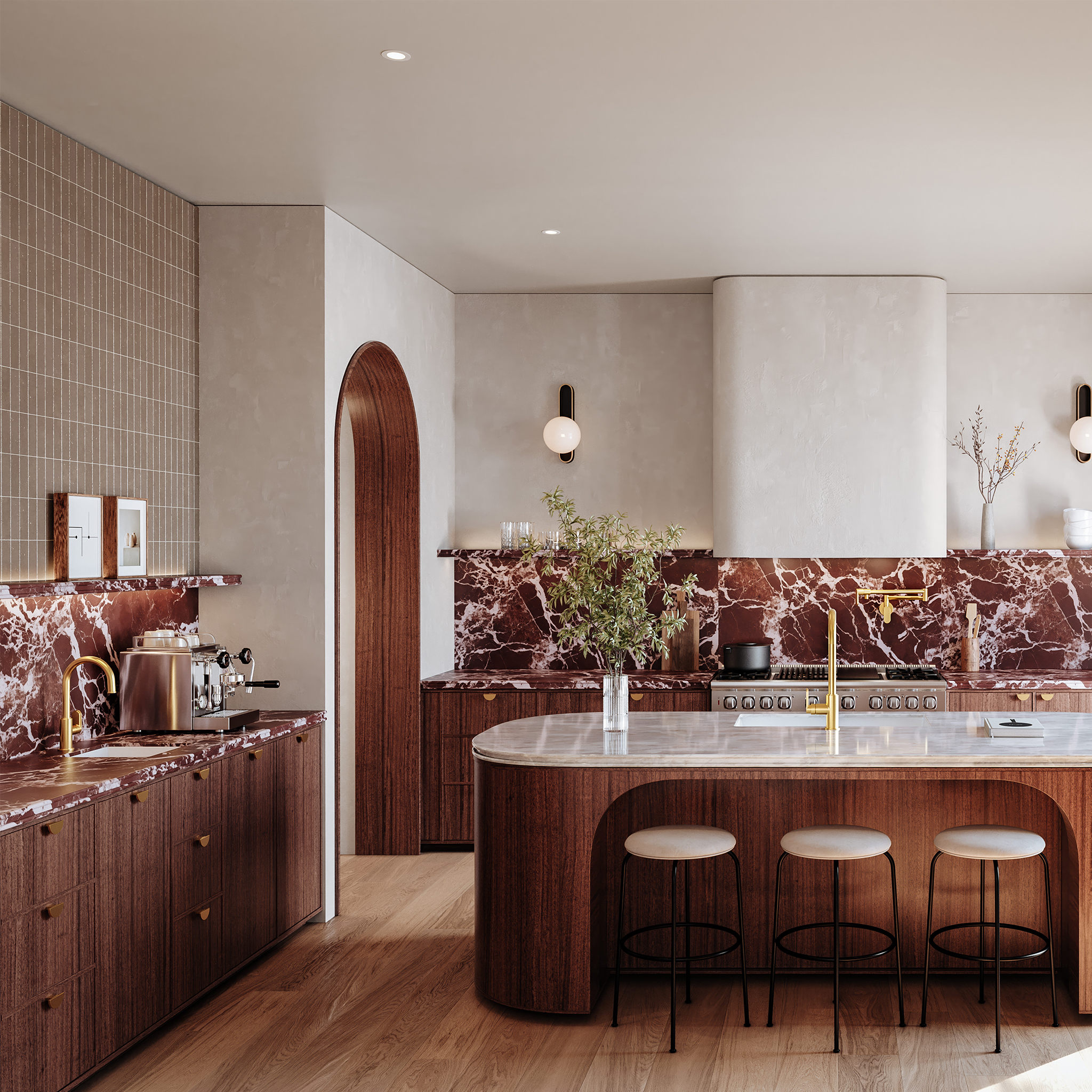 Kitchen with a kitchen faucet, a pot filler, and a gold bar faucet.