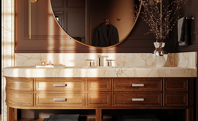 Vanity with a sink and a bathroom faucet.