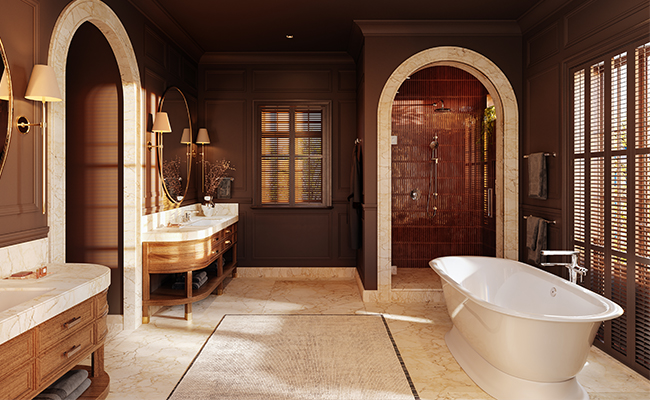 Bathroom with two vanities, a bathtub, a floor-mounted tub faucet, and a shower system.