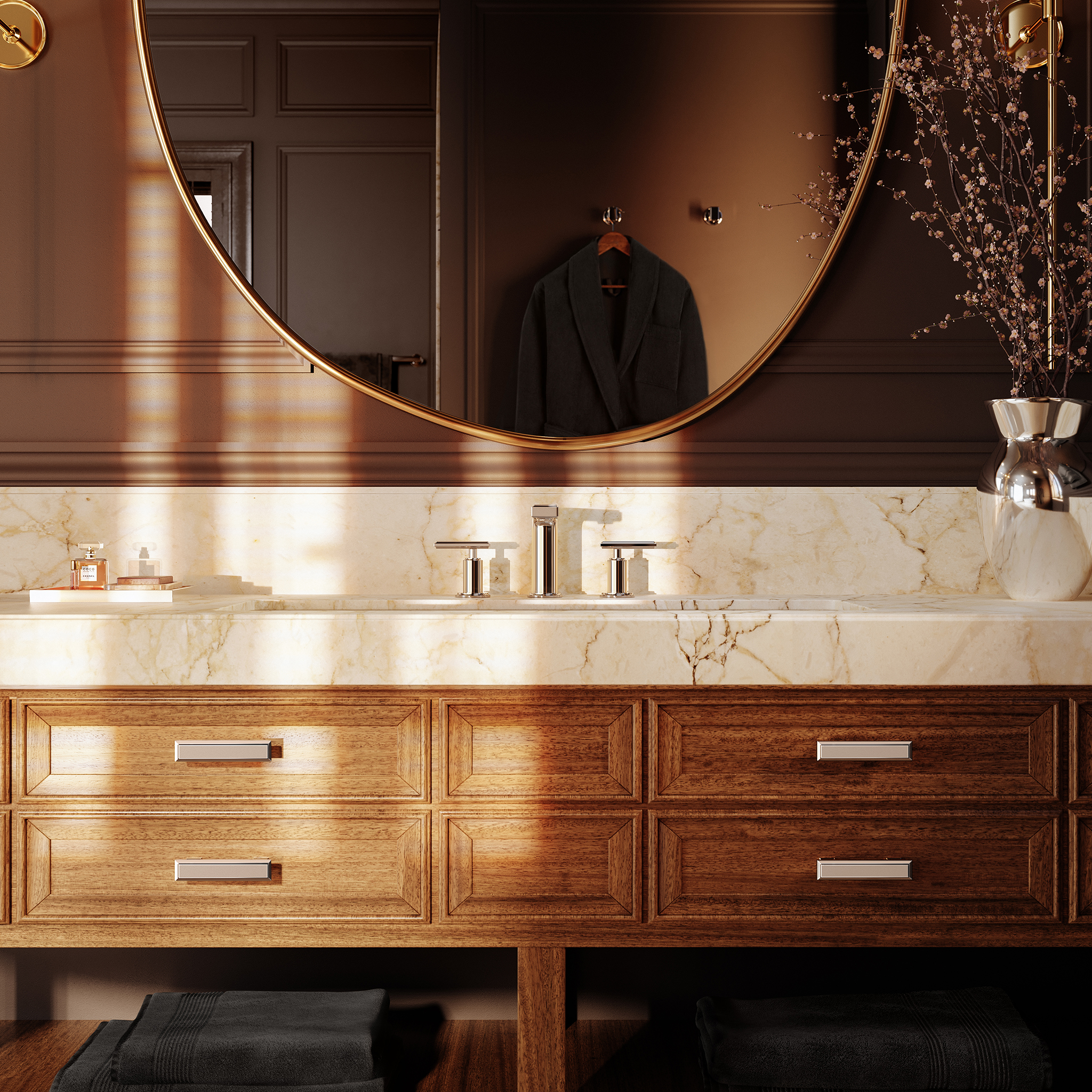 Bathroom vanity with a faucet used as a statement piece.