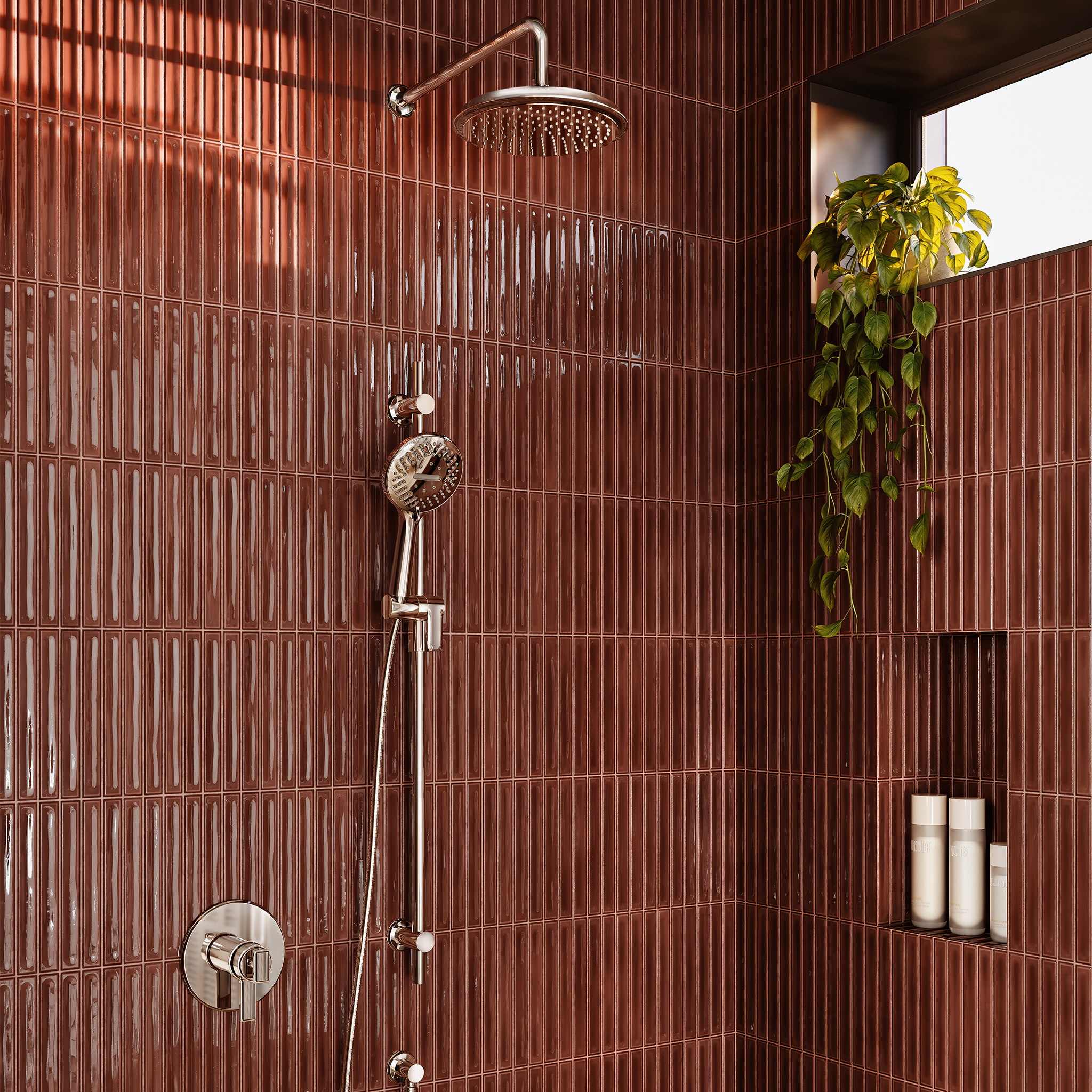 Full chrome shower system with subway tiles on the wall.