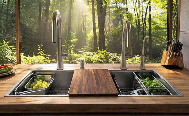 Kitchen faucet, two bar faucets, and soap dispenser – Baril kitchen plumbing products from the NOX collection