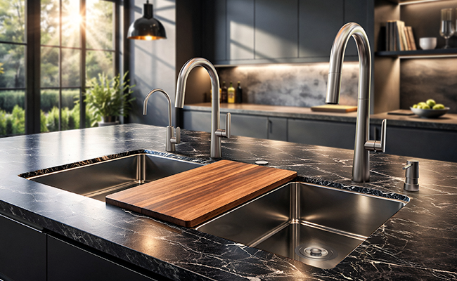 Kitchen faucet, two bar faucets, and soap dispenser – Baril kitchen plumbing products from the NOX collection