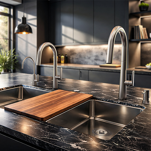 Robinetterie de cuisine, deux robinets de bar et distributeur à savon – produits de plomberie de cuisine Baril de la collection NOX