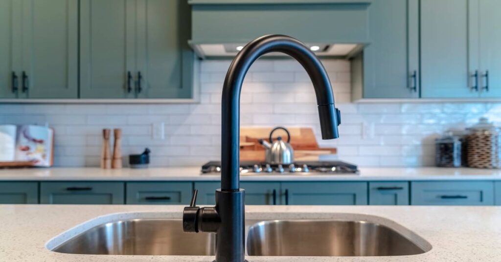 A double-bowl stainless-steel kitchen island sink with a black faucet, quartz countertops, and green cabinets.
