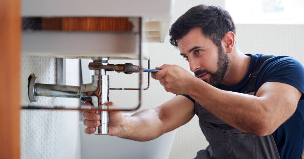 A close-up of a male plumber using a hand tool to fix a leaking or faulty sink in a residential bathroom.