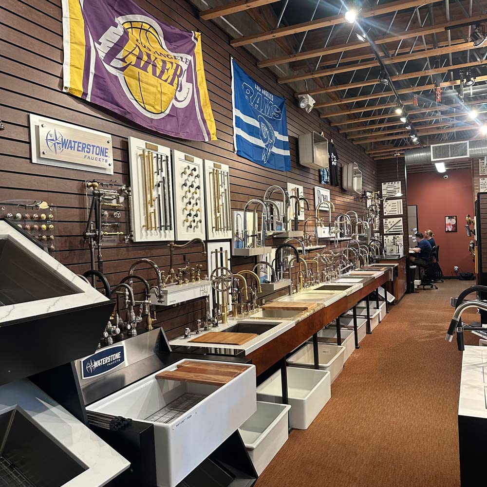 A store filled with various sinks and kitchen items, showcasing a wide selection for home improvement and design.