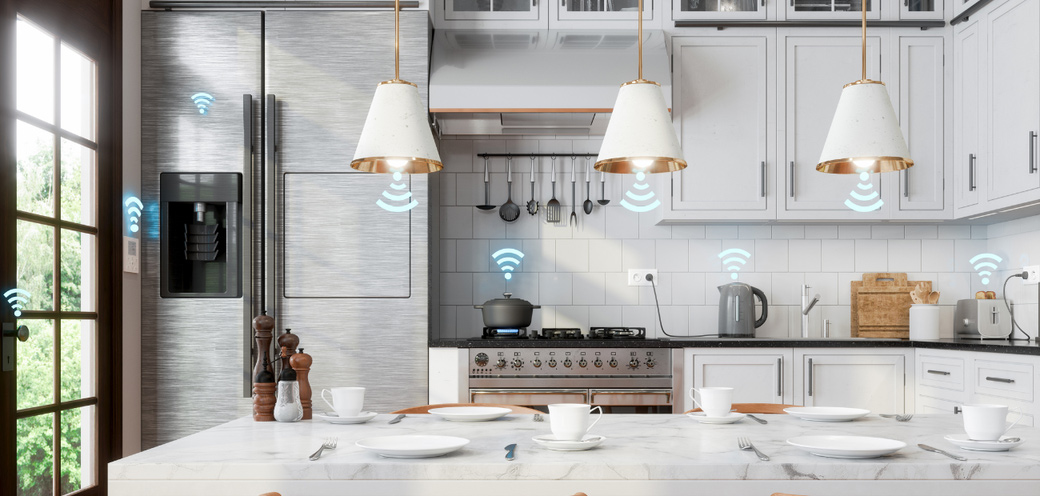 A stylish kitchen displaying an array of Wi-Fi connected appliances, emphasizing modern convenience and smart living solutions.