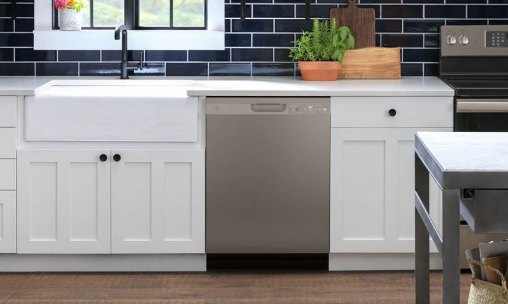 Built-in GE® stainless steel dishwasher featuring hidden controls for a sleek, modern kitchen appearance.