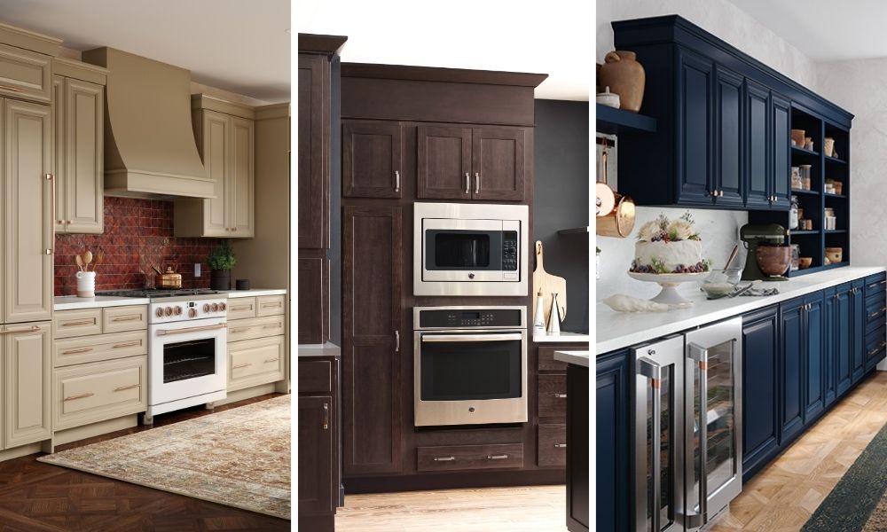 Four images showcasing various styles and colors of kitchen cabinets.