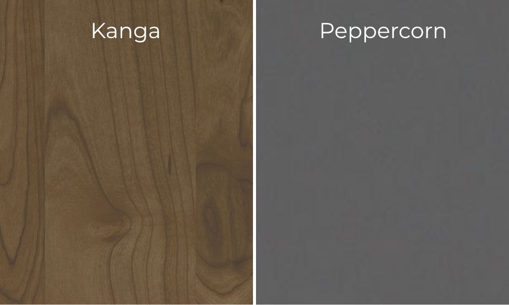 Pepperwood and Kanga walnut wood samples side by side, showcasing their distinct colors and grain patterns.