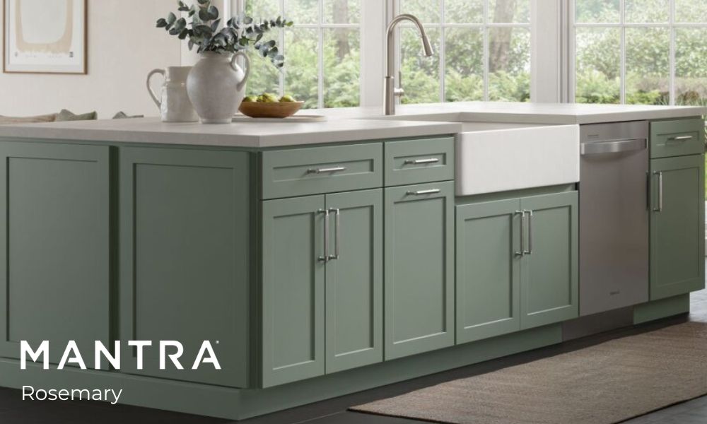 A kitchen featuring a green cabinet and a sink, showcasing a modern and vibrant design.