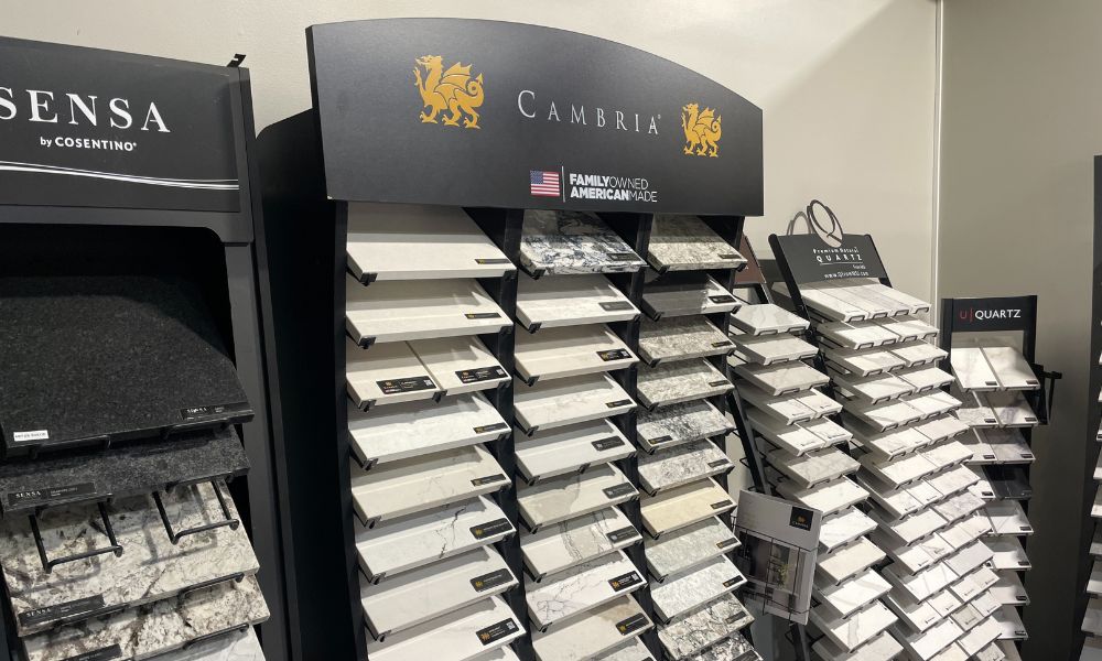 Showroom display of natural stone and quartz