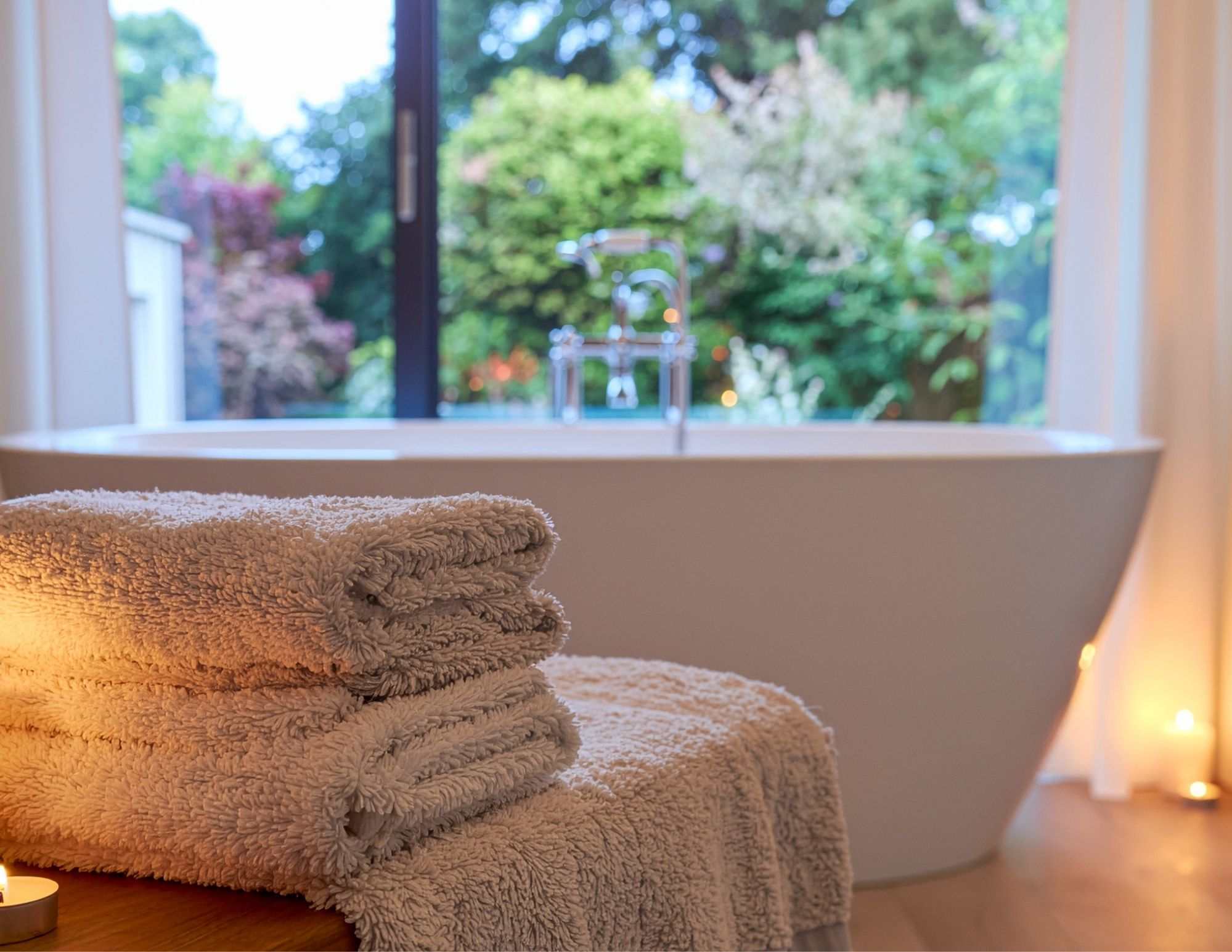A serene bathroom featuring a freestanding soaking tub and plush towels, creating a spa-like atmosphere.